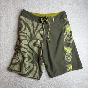 Sims Mens 34 Board Shorts Green Tribal Print Y2K Surf Swim Trunks Cargo Pocket